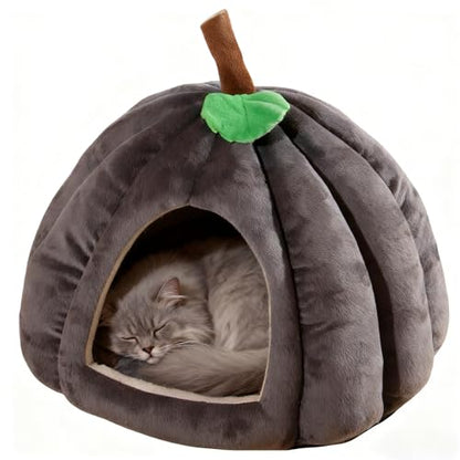 Cat Bed for Indoor Cats - Adorable Cozy Pumpkin Cat Cave with Removable Cushion, Super Soft Pet House Tent for Kittens & Small Pets, Warm & Washable Non-Slip Design(M 17.7 inch Grey) - style: Pumpkin-Grey