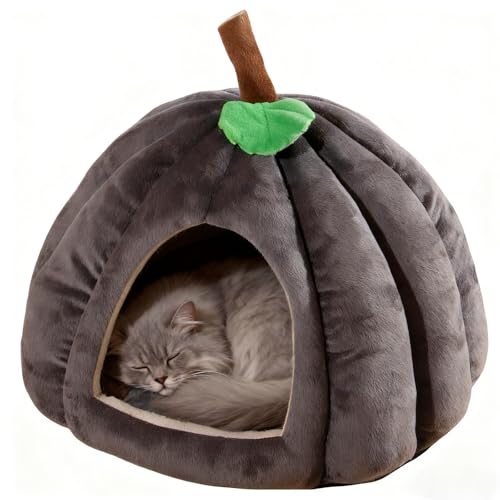 Cat Bed for Indoor Cats - Adorable Cozy Pumpkin Cat Cave with Removable Cushion, Super Soft Pet House Tent for Kittens & Small Pets, Warm & Washable Non-Slip Design(S 15 inch Grey) - style: Pumpkin-Grey