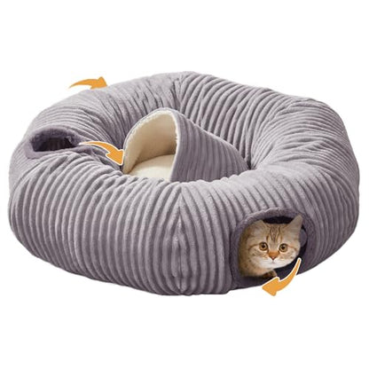 Cat Tunnel Bed for Indoor Cats,Cat Donut Tunnel Toy with Washable Circle Cushion,Blackout Tent, Multifunctional Playground Toys Hideplace for Kitty, Puppy, Rabbit,Ferret - size: 33.5"L x 33.5"W x 10"H