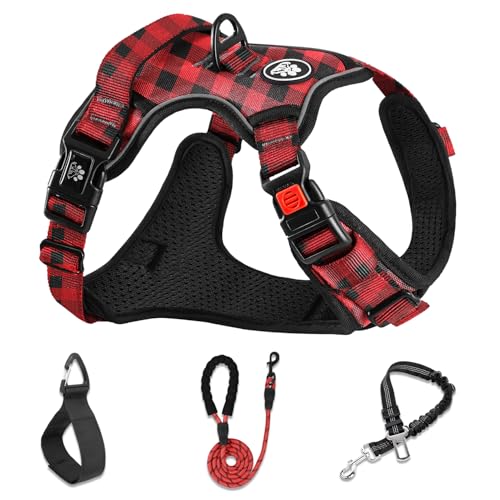 No Pull Dog Harness with Leash, Reflective No Choke Pet Vest Harness,Adjustable Soft Padded Dog Harness with Easy Control Handle for Small Dogs(Checkered Red,Small) - color: Checkered Red, size: 【S】neck 11-15" chest 15-21"