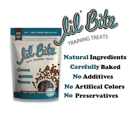 Lil' Bitz Flame Roasted Chicken Training Treats for All Dog Breeds - Low Calories, Grain Free, Natural Ingredients, NASC Compliance - Perfect Reward for Dogs of Every Size (6 Pack) - size: 4 Ounce (Pack of 6)