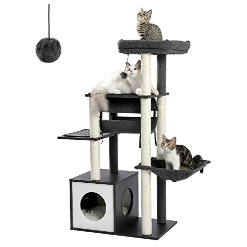 PEQULTI 51.4 Inches Modern Cat Tree Premium 6 Levels Wooden Cat Tower with Fully Sisal Covered Scratching Posts, Cozy Condo, Spacious Perch, Super Large Hammock and Swing Tunnel for Indoor Cats Gray - color: Grey, size: 52''