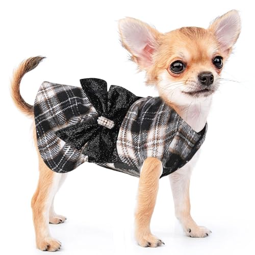 Dog Sweater Dresses for Small Dogs Girl, Puppy Clothes Plaid Dress Doggie Princess Dress, Winter Pet Holiday Festival Apparel Outfits, S, Black, 7-9lb - color: Black Plaid, size: Small (Chest 15in )