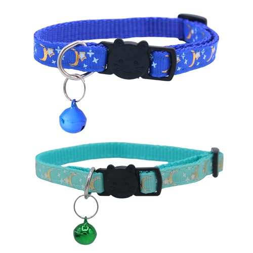 Set of 2: KioKatt Celestial Nylon Cat Collars with Matching Bells – Adjustable Breakaway Safety Collars for Adult Cats, 7–11" (Green + Blue) - color: Green + Blue