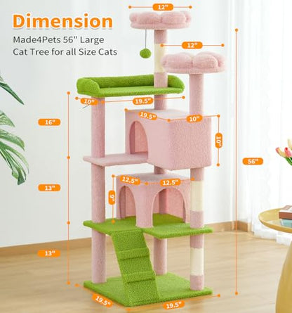 Made4Pets Cat Tree Tower 56" Cat Tower for Indoor Cats Kitten Tree Multi-Level Cat Tree with 2 Condo Furniture Activity Center with Scratching Posts Funny Toys (Pink Flower Green) - color: Pink Flower Green