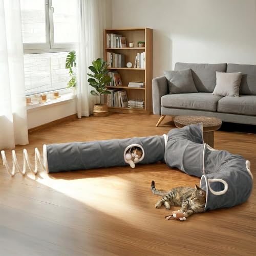 Ownpets 2-in-1 Cat Tunnel, Large Lollipop Shape Cat Tunnel Toy with Fluffy Balls, Spiral Toy, Plush Collapsible Cat Cave Hideout Donut Tunnel for Multi Kitten Puppy Rabbit (Grey) - color: Grey