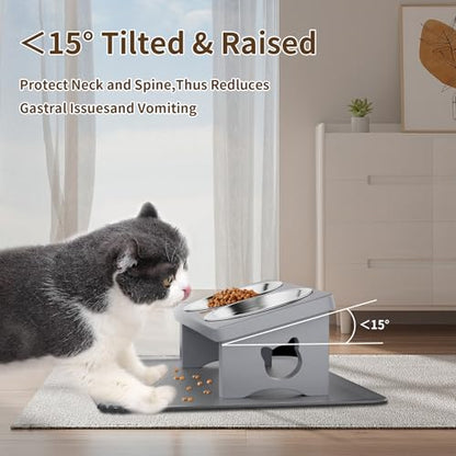 Elevated Cat Bowls, 15° Tilted Raised Cat Food Bowl with Solid Wood Stand & Stainless Steel Dishes, Cat Feeding Station with Silicone Mat, Helps Reduce Vomiting for Cats & Small Dogs(Slate Grey) - color: Gray