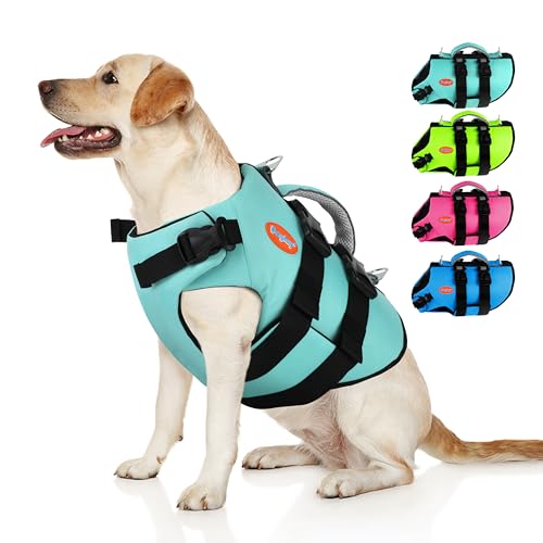 Dog Life Jacket Neoprene, High Buoyancy Dog Harness Life Vest for Swimming and Boating, Adjustable Swim Vest with Rescue Handle for Small Medium Large Dogs - color: Aquagreen, size: X-Large