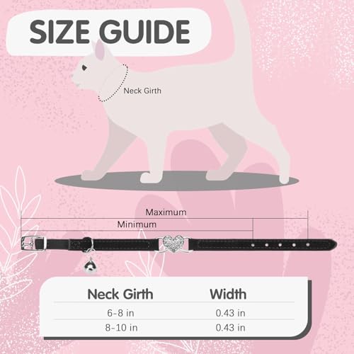 BINGPET Diamond Cat Collar,Adjustable Soft Velvet Leather Safe Kitten Collar with Crystal Heart Charm and Bells,Girl Boy Bling Stylish Cat Collars with Safety Elastic (Black, Neck Girth 6"-8") - color: Black(Heart), size: Neck Girth 6"-8"