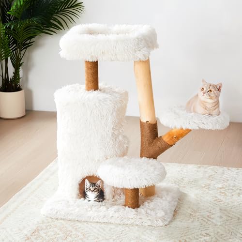 35-Inch Cat Tree for Indoor Cats, Multi-Level Tower with Sisal Posts, Dual Condos, Cushioned Perches & Removable Soft Cover, Natural Wood, Modern Cat Furniture for Large Cats, White - color: White Grey