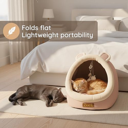 Cat Bed Cave with Hanging Plush – Covered Pet House Tent, Cat Caves for Indoor Cats and Kittens, Soft, Foldable & Cozy Hideaway Hut - Dome Shaped Igloo Bed with Washable Cushion (Large) - size: Large