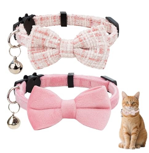 Cat Collar with Bow Tie 2pcs Set Bell Boy Girl Kitten Safety Plaid Grid Checkered Solid Color Suede Velvet Cute Soft Fluffy Gift B-[2pcs] Pink - color: Style B-[2pcs] Pink