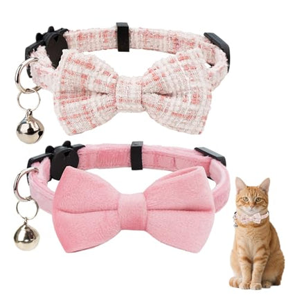 Cat Collar with Bow Tie 2pcs Set Bell Boy Girl Kitten Safety Plaid Grid Checkered Solid Color Suede Velvet Cute Soft Fluffy Gift B-[2pcs] Pink - color: Style B-[2pcs] Pink