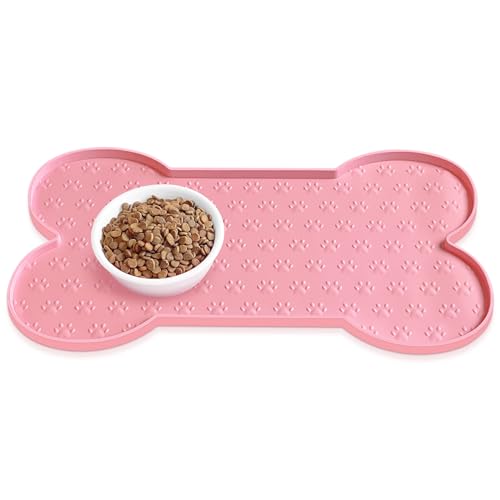 PWTAA Dog Food Mat Anti-Slip Silicone Dog Bowl Mat Thicker Pet Placemat Waterproof Cat Feeder Pad with Raised Edge Puppy Kitten Feeding Mats Suitable Small Medium-Sized Dogs Cats Eating Tray - color: Pink, size: 19.4" x 9.8"