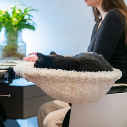 Round Cat Desk Bed, Space Saving Elevated Pet Hammock for 40lbs Cats, All-Season Office Workspace Cat Seat, Sturdy Desk Mounted Bed with Washable Breathable Fabric, 360 View Hammock - color: Rose Velvet-Beige