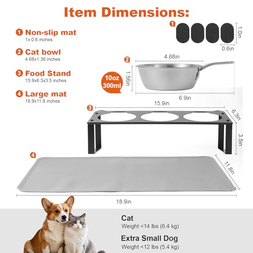 Elevated Cat Bowls with Food Mat, 10°Tilted Non-Slip Raised Cat Food Water Bowls Set, 3 Thick Stainless Steel Pets Dishes with Handles to Indoor Kitten Puppy, Anti-Vomiting Cute Metal Feeding Stand - color: Black-3Bowls-Handles