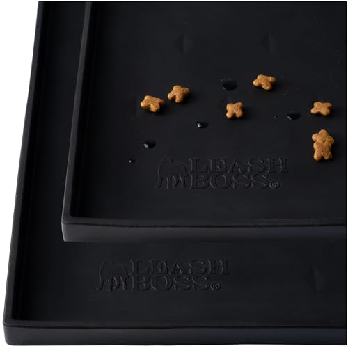 Leash Boss Dog Food Mat - 2-Pack, Waterproof Cat & Dog Bowl Mat for Food and Water, Silicone Pet Feeding Mats for Floors, Non-Slip Placemat with High Edges, Puppy Essentials (Small: 18"x11", Black) - color: Black, size: 2 Pack - S - 18" x 11