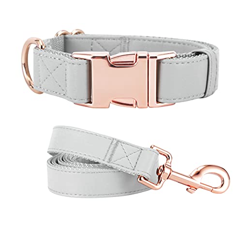 Dog Collar and Leash Set.Soft and Easy to Clean Vegan Leather with Rose Gold Metal Buckle for Small Medium Large Dogs (Grey, XS(8"-12")) - color: Grey, size: XS