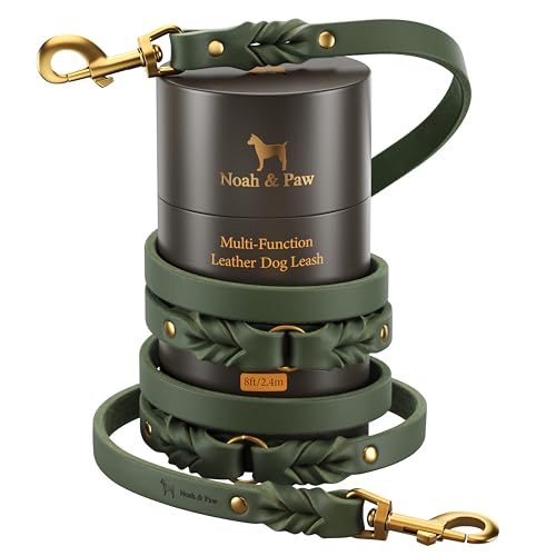 NOAH & PAW Leather Dog Leash, Premium Oil-Waxed Leather Braided, 8 ft Long Dog Leash with 6 Ways to Use Hands-Free, Quick-tie, Double Pet Lead Etc. Matching Collar Available. (Dark Green) - color: Dark Green