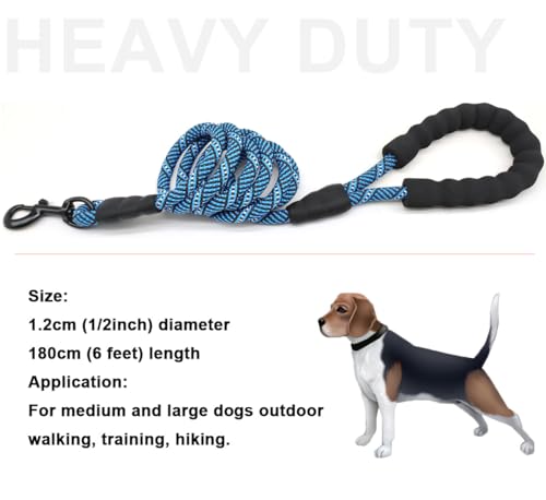 Rope Dog Leash 3/6/8/10/12/15/20/30 FT, Heavy Duty Nylon Pet Leash, Soft Padded Handle Thick Lead Leashes for Large Medium Dogs (1/2" * 6', Blue Black) - color: blue black, size: 1/2" * 6'