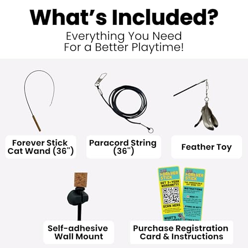 Forever Stick - Unbreakable Cat Wand Toy | Solid 1-Piece Fiberglass Rod - Bends, Doesn’t Break | 3-Year Warranty | 36 Inch Cat Fishing Pole Toy with Spinning Feather Toy | 2-in-1 String Toy and Teaser - size: Forever Stick 1-Pack
