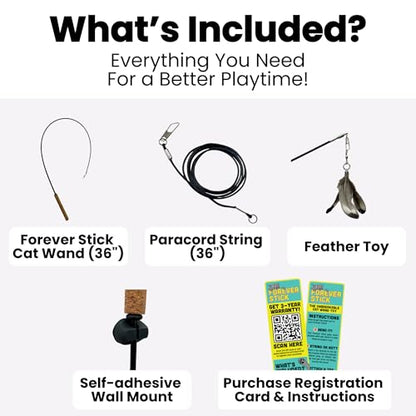 Forever Stick - Unbreakable Cat Wand Toy | Solid 1-Piece Fiberglass Rod - Bends, Doesn’t Break | 3-Year Warranty | 36 Inch Cat Fishing Pole Toy with Spinning Feather Toy | 2-in-1 String Toy and Teaser - size: Forever Stick 1-Pack