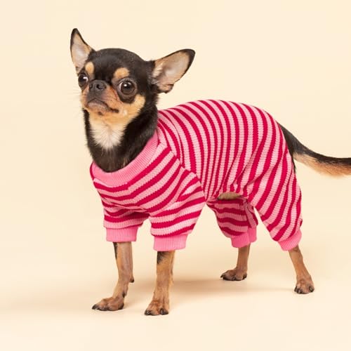 Fitwarm Pink and Red Striped Dog Pajamas, Waffle Dog Clothes for Small Dogs Girl Boy, Puppy Onesie with Feet, Pet Cat Outfit, Large - color: LightPink, size: Large