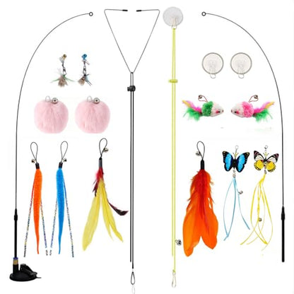 Suction Cup Cat Toy for Indoor Cats, 4 Play Modes Hands Free Interactive Cat Teaser Wand with 12 Replaceable Bell Attachments, Self Play Kitten Toys for Boredom Relief and Exercise