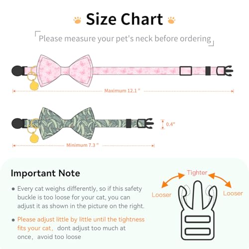 2 Pack Breakaway cat Collar with Bow Tie and Bell,Adjustable Soft Cotton Pet Collar with Pink and Red Bow Patterned Design for Kitten Adult Cats (Green Plant & Pink Butterfly) - color: Green Plant & Pink Butterfly