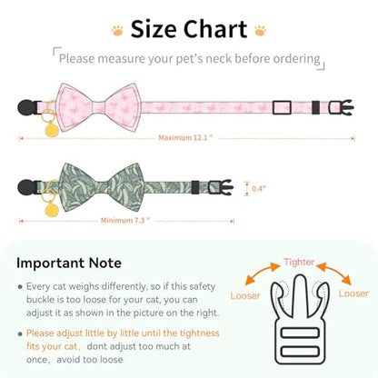 2 Pack Breakaway cat Collar with Bow Tie and Bell,Adjustable Soft Cotton Pet Collar with Pink and Red Bow Patterned Design for Kitten Adult Cats (Green Plant & Pink Butterfly) - color: Green Plant & Pink Butterfly