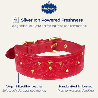 Blueberry Pet Premium Embossed Red Glam Silver-Powered Freshness Microfiber Leather Dog Collar with Gold Studs - color: Red, size: Large