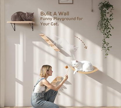 Cat Wall Shelves Set with Sisal Cats Window Perch, 4 Piece Wood Climbing Furniture with Curved Sisal Bed, Flat Shelf & Two Wall-Mounted 4 Steps Cat Stairs - color: Sisal-Wood, size: 1 Curved Bed 1 Shelf 2 Ladders