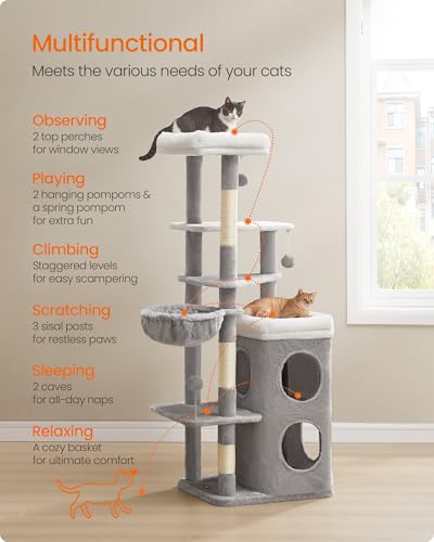 Feandrea Cat Tree, 60-Inch Cat Tower, Multiple-Level Plush Condo with 2 Caves, 3 Scratching Posts, 3 Perches, Dove Gray UPCT007G01 - color: Dove Gray