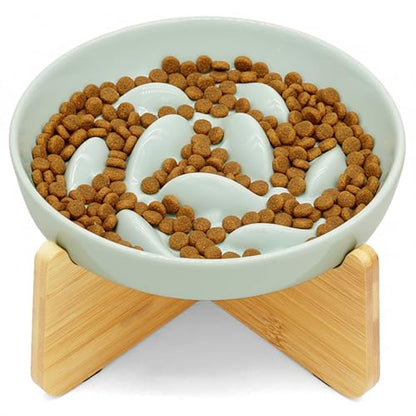 Non-Slip Rubberwood Elevated Cat Feeder Stand - 6.1"x3.5" Detachable Bowl Holder, Ergonomic Anti-Vomiting Raised Pet Dish Stand (Green(Ceramic)-Bamboo Stand) - color: Green(Ceramic)-Bamboo Stand