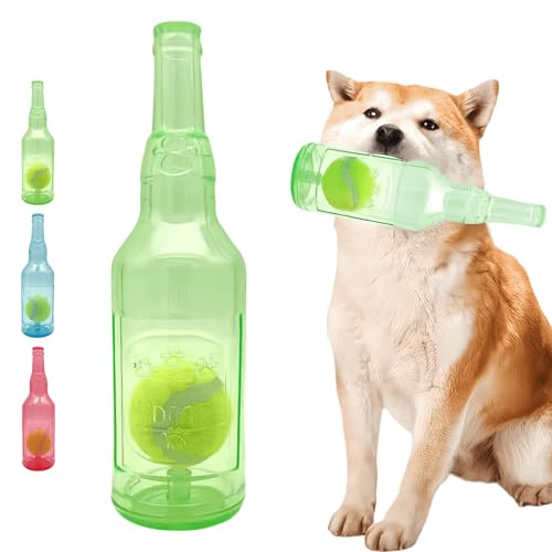 Cute Tough Dog Toy Rubber Bottle Squeaky Dogs Chew Toy Long Lasting Interactive Fetch Toy for Teething Tennis Ball Included (Green, Medium)