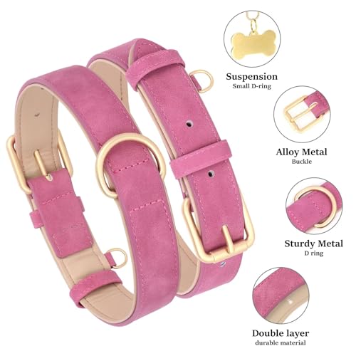 Didog Soft Padded PU Leather Dog Collar, Adjustable Dog Collars for Medium Dogs with Durable Metal Buckle and D Ring,Hot Pink,L - color: Hot pink, size: L: Fit Neck 13-17"(22-44lbs)