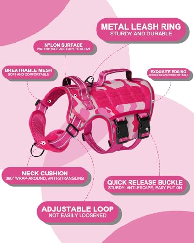 Tactical Dog Harness Medium Sized, Heavy Duty No Pull Dog Harness with Handle, Easy On and Off Service Dog Vest with Molle System, Reflective Pet Vest for Walking Hiking Training - color: Pink Camo, size: M(Neck:17-23",Chest:22-32"),35-50 lbs