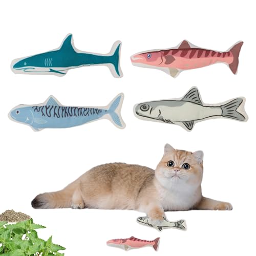 Cat Toys Fish 4-Pack, Durable Canvas Catnip Toys for Indoor Cats and Kittens, Interactive Kicker and Chew Toys, Soft Plush Cat Toys Set