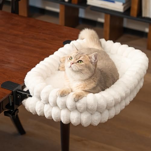Cat Desk Bed with Reversible Cushion, 90°Foldable Cat Hammock for Desk Mounted, Suitable for Medium-to-Large Cats and Puppy, Clowd Series(White, Medium) - color: White, size: Medium