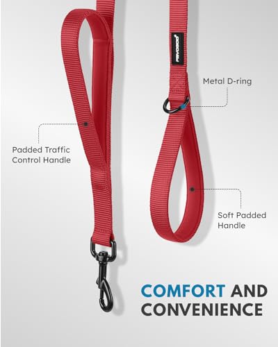 Dog Leash 6FT - Heavy Duty Dog Leash with Traffic Padded Double Handles - Safety Control Traning Leash for Large Medium Dogs - color: Red