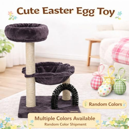 Simple Deluxe 27.8" Small Cat Tree with Easter Eggs,Multi-Level Cute Cat Tree with Scratching Post| Plush Hammock| Perch| Random 3 Pcs Easter Eggs| Groomer Brush for Kittens Play & Rest - color: Smoky Gray & Easter Eggs
