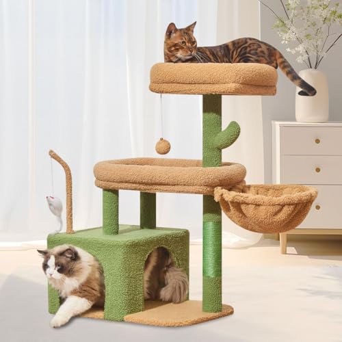 Taoqimiao MS043T Cat Tree, 32.2-Inch Cat Tower for Indoors Cats, Cat Condo with Large Cat Perch, Spacious Cat Cave, Scratching Posts for Small and Medium Cats, Cactus - color: Cactus