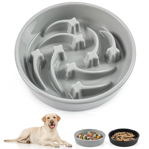 Ceramic Slow Feeder Dog Bowls, 2 Cups Dog Food Dish for Medium and Large Breed, Puzzle Dog Food Bowl for Fast Eater, 28OZ, 8.15 inch(Grey) - color: Grey-L