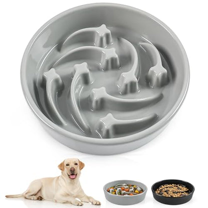 Ceramic Slow Feeder Dog Bowls, 2 Cups Dog Food Dish for Medium and Large Breed, Puzzle Dog Food Bowl for Fast Eater, 28OZ, 8.15 inch(Grey) - color: Grey-L