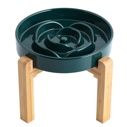 8.66 in Green Dog Bowl Ceramic Slow Feeder with Wood Stand for Small Medium Large Dogs, Elevated/Raised Slow Feeding Dog Dish to Slow Down Eating, Heavy Puppy Bowl for Fast Eaters - color: Green Slow Feeder