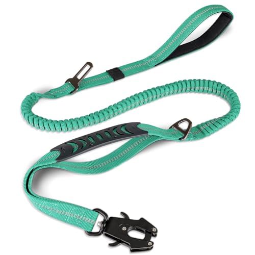 Joytale Tactical Dog Leash Heavy Duty, 4-6FT Shock Absorbing Bungee Lead with 2 Padded Handle, Metal Carabiner Clip, Car Seatbelt, Strong No Pull Leash for Medium Large X-Large Dogs, Teal - color: Teal