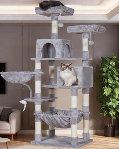 Heybly Cat Tree, 70 inches Tall Cat Tower Condo with Toy for Indoor Large Cats, Cat House Furniture with Padded Plush Perch, Cozy Hammock and Sisal Scratching Posts, Light Gray HCT032W - color: Light Gray, size: 70.08 inch