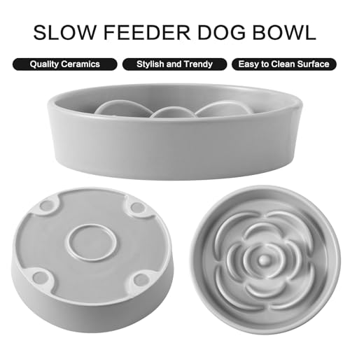 8.25'' Ceramic Slow Feeder Dog Bowls - Petal Shape Modern Dog Food Dish for Medium and Large Breeds, Puzzle Maze Bowl to Slow Down Eating, Anti-Gulping, Dishwasher & Microwave Safe, Grey - color: Grey, size: 8.25 inch