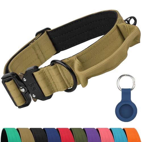 Joytale Tactical Dog Collar for Large Dogs with Control Handle, Heavy Duty Military Training Collar for Power Breeds, AirTag Holder Case, Quick Release Metal Buckle, Soft Padded, L, Khaki - color: Khaki, size: L-1.5"×17-23"