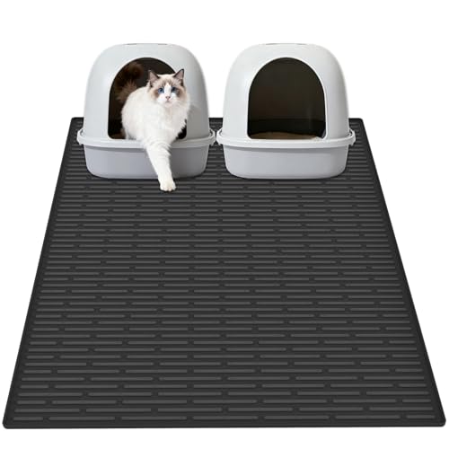 XXL Extra Large Silicone Cat Litter Trapping Mat for Scatter Control, 40"x30"(100cmx75cm) Waterproof Kitty Litter Box mat for Floor, Soft on Kitty Paws, Easy to Clean, Black - color: Black